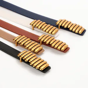Five assorted colors of slim PU leather belts for women with decorative gold metal buckles