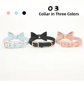 Three-color adjustable PU leather pet collars set with cute bowknots and gold buckles