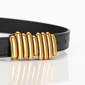 Fashionable PU leather belt with unique gold matte multi-bar buckle for women