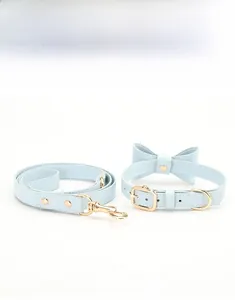 Light blue PU leather pet collar and leash set with bow and golden metal hardware