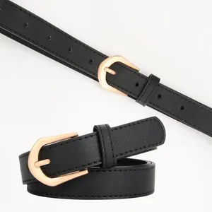 Minimalist black leather belt for women with golden horseshoe buckle and litchi texture