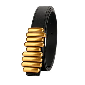 Women's black PU leather belt with stackable gold metal buckle on white background