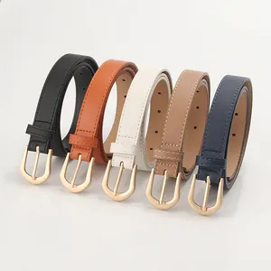 Women's slim leather belts with golden horseshoe buckles in five assorted colors