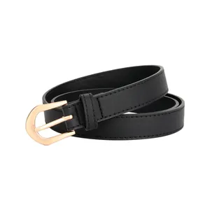 Women's minimalist black thin belt with rose gold horseshoe buckle and neat stitching
