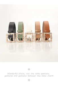 Detailed row of slim leather belts with floral rhinestone buckles in five elegant colors