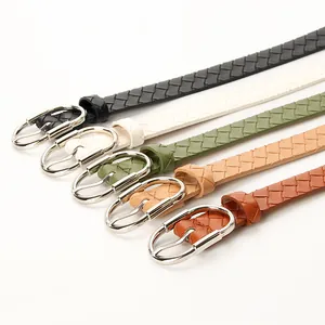 Five assorted braided PU leather belts for women with polished silver pin buckles