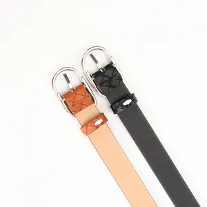 Women's woven PU leather skinny belts in black and tan with oval silver metal buckles