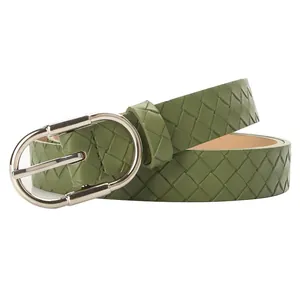 Fashionable dark green woven PU leather belt with silver oval pin buckle for women
