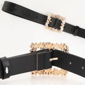 Classic black PU leather belt for women with elegant gold square rhinestone buckle