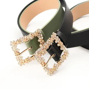 Classic women PU leather belt with sparkling rhinestone buckle in black and olive green