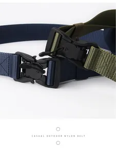 Close-up of tactical nylon belt buckles in navy and olive with quick release pull cord