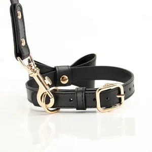 Adjustable black PU leather pet collar and leash set with golden metal buckle hardware