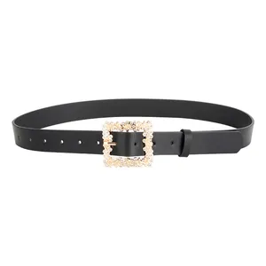 Classic black leather belt for women featuring a sparkling gold rhinestone square buckle