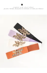 Detail of four colorful elastic waist belts with golden metal leaf buckles in fan display