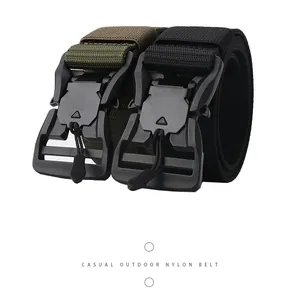 Close-up of durable tactical nylon belt texture with a quick-release buckle and pull cord