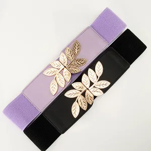 Women elastic waist belt set with golden leaf buckle for dresses in purple and black