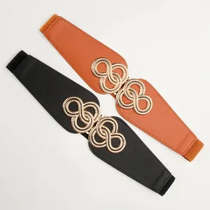 Elegant 2-piece set of black and brown elastic waist belts with golden infinity buckles