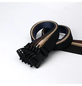 Detailed view of five multi-color tactical nylon belts with quick-release buckles