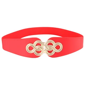 Red elastic waist belt with gold infinite metal buckle for women's fashion dresses
