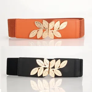 Women Fashion Elastic Waist Belt Leaf Metal Buckle Vintage Wide Waistband For Dresses Shirts Adjustable Stretch Belt