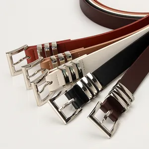 Classic skinny leather belts for women with silver square buckles in five stylish colors