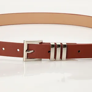 Classic brown leather belt for women featuring a polished silver square buckle and metal loops