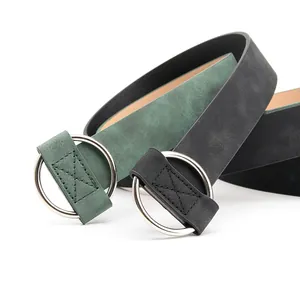 Vintage nubuck PU leather belt with round silver buckle in black and dark green
