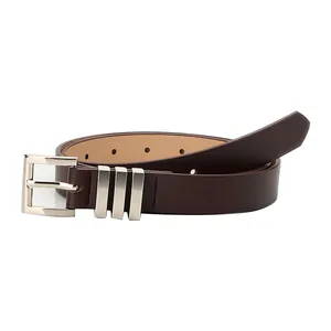 Deep brown leather belt for women with silver square pin buckle and metal ring accents