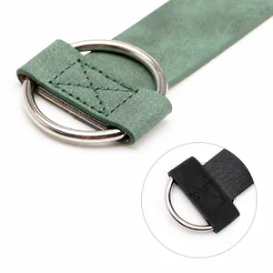 Vintage green and black PU leather belts for women with textured finish and alloy metal rings