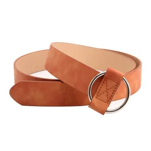 Vintage brown PU leather belt for women with polished silver round metal buckle