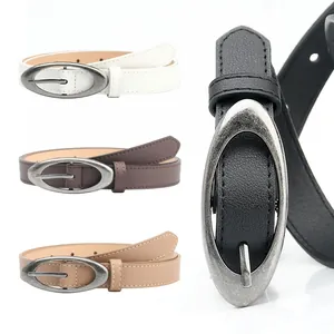 Ceintures fines en cuir pour femme avec boucle ovale argentée en noir, blanc, marron et abricot