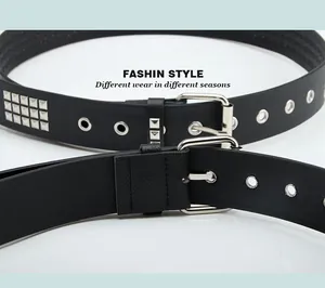 Détail de la ceinture punk noire en PU avec trois rangées de clous pyramide argentés