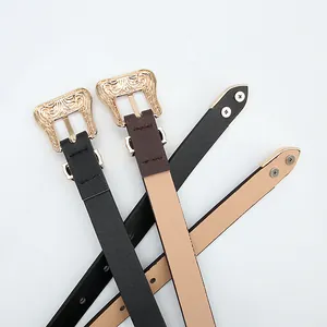 Women vintage retro thin belts in black and brown with ornate gold relief buckle sets