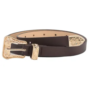 Vintage dark brown belt for women with embossed golden western-style three-piece hardware