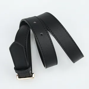 Retro black leather belt for women featuring a minimalist square gold buckle design