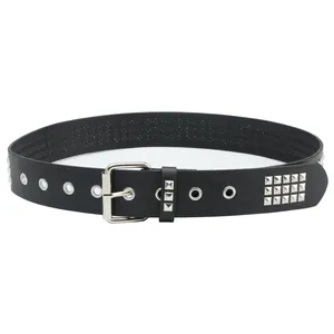 Ceinture punk en cuir noir avec clous pyramidaux argentés et boucle pour jeans