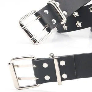 Schwarzer Damen Ledergürtel im Punk-Stil mit Doppellochung, Sternnieten und Metallschnalle