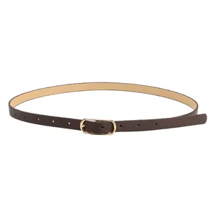Ceinture fine marron minimaliste avec boucle ovale dorée pour robe femme