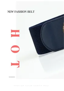 Detail of navy blue elastic woven belt showing textured fabric and PU leather trim