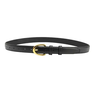Cinturón fino de cuero PU negro para mujer con elegante hebilla dorada de herradura lisa