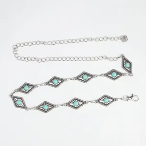 Retro Silber Metall Taillenkette mit Filigranen Gliedern und Türkisen Einlagen