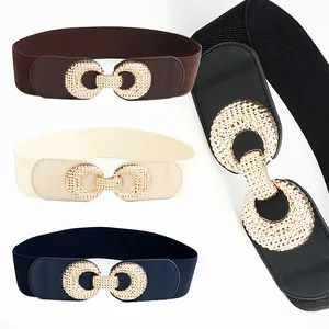 Women Fashion Elastic Wide Waist Cincher Belt Stretchy Cinch Belt Gold Alloy Double Circle Buckle For Dresses Coats