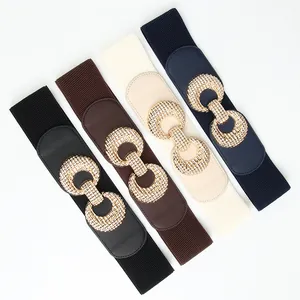 Elastic wide corset belt for women with vintage golden double ring metal buckle