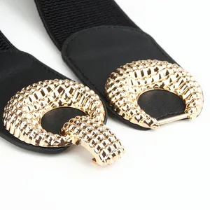 Fashionable black elastic waist belt for women with textured gold-tone metal buckle