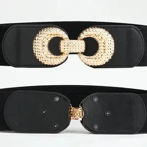 Women's black elastic wide waist belt with golden interlocking textured buckle