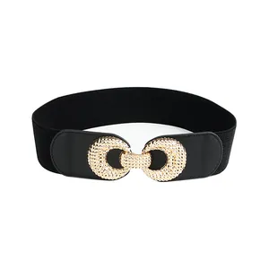 Elegant black elastic waist belt with interlocking gold buckle for women's fashion coats