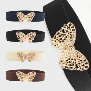 Cinturón Ancho Elástico a la Moda para Mujer Con Hebilla de Mariposa Hueca Dorada Cinturilla Versátil para Vestido Suéter Abrigo