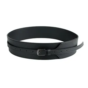 Minimalist black wide waist belt in textured faux leather with double-layer metal buckle