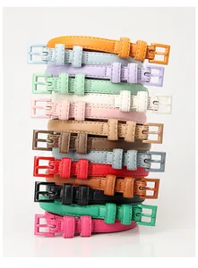 Dettaglio di cinture sottili colorate in ecopelle da donna con fibbie quadrate coordinate