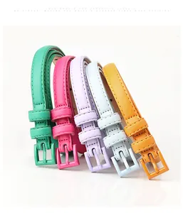 Dettaglio di cinque sottili cinture da donna in ecopelle con fibbie colorate coordinate